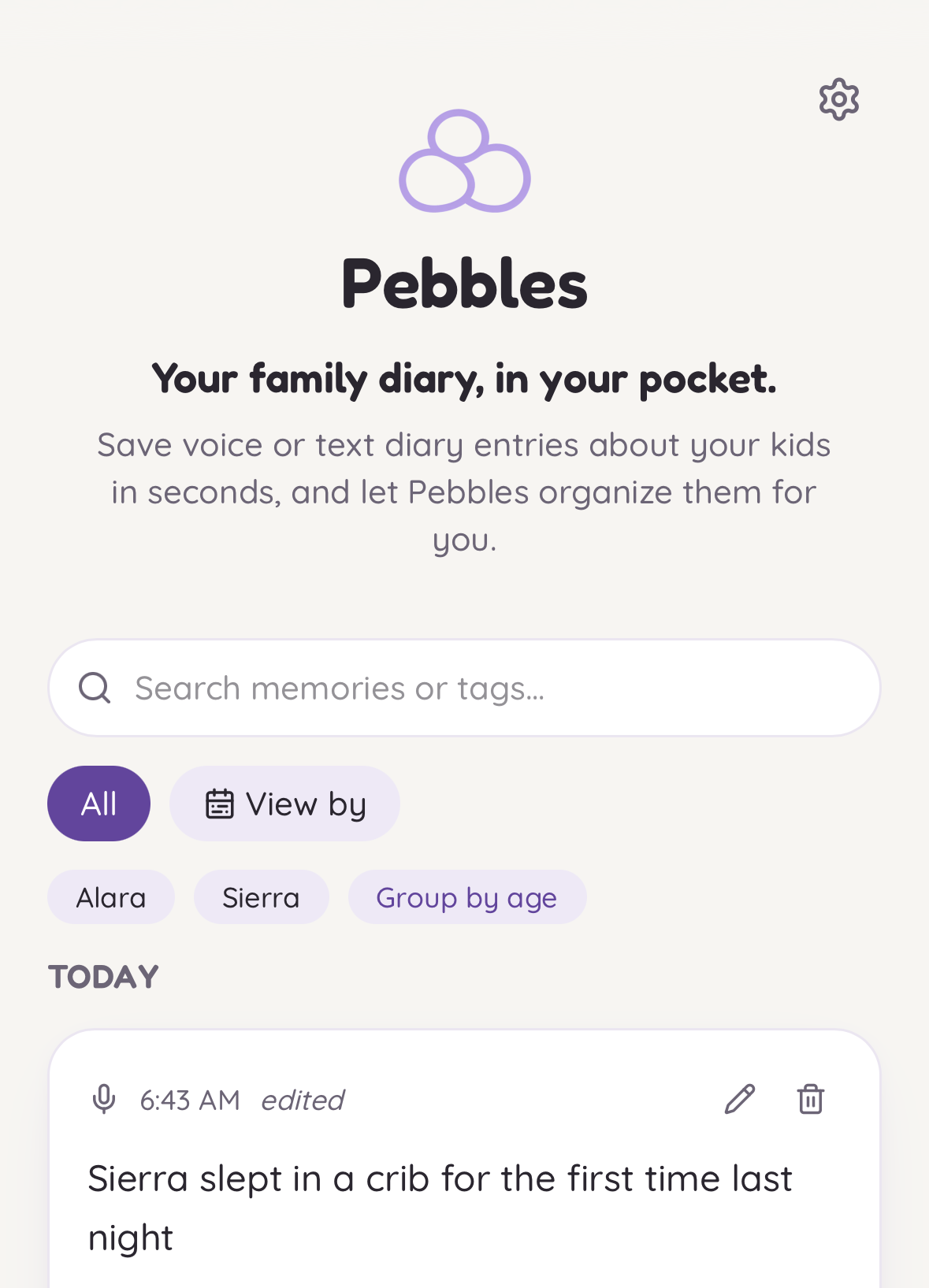 Pebbles app home screen