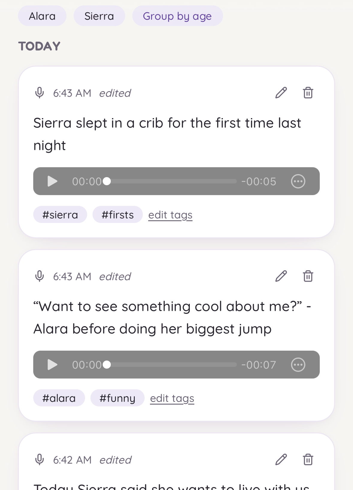 Pebbles app entries with tags